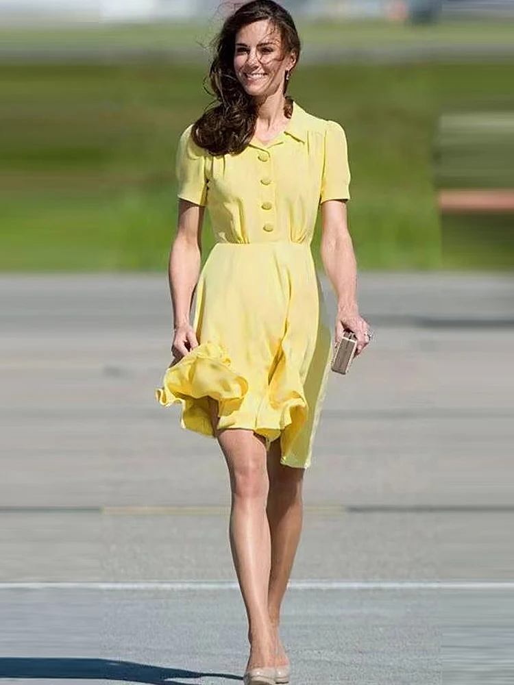 Imagem -02 - Vestido Feminino Kate e Princess Midi Botão Amarelo Festa de Escritório Passarela Casual Chique Elegante Magro Midi Verão Novo Elegante Alta Qualidade