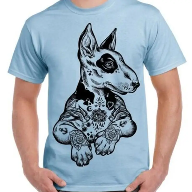 تي شيرت رجالي مطبوع عليه Pit Bull Terrier مع وشم محبب كبير