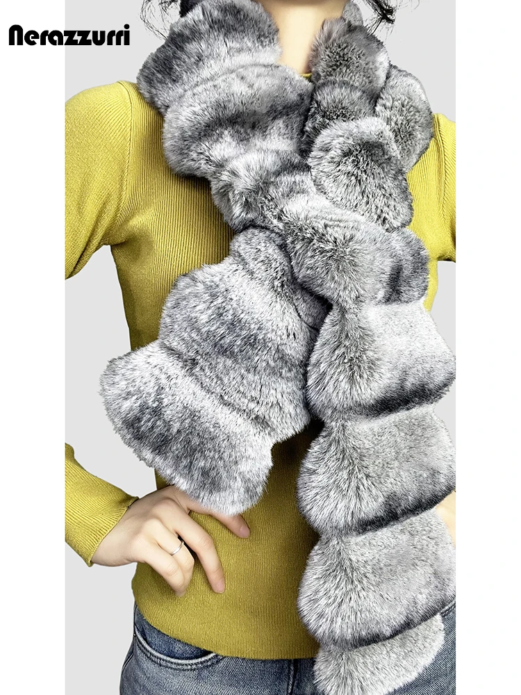 Nerazzurri Winter Fluffy Thick Warm Soft Colorful Stripped Faux Chinchilla Fur Scarf Women New 2024 Arrival Chic Fabulous Shawl