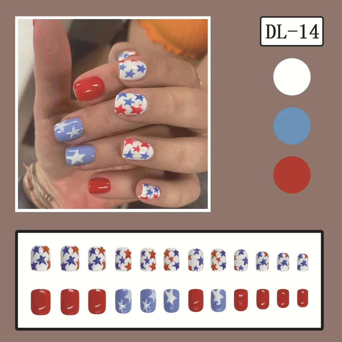 24pcs Short Fake Nail with Blue Red Colpr Five-pointed Star False Nails Summer Full Cover Wearable Press on Nails for Girls