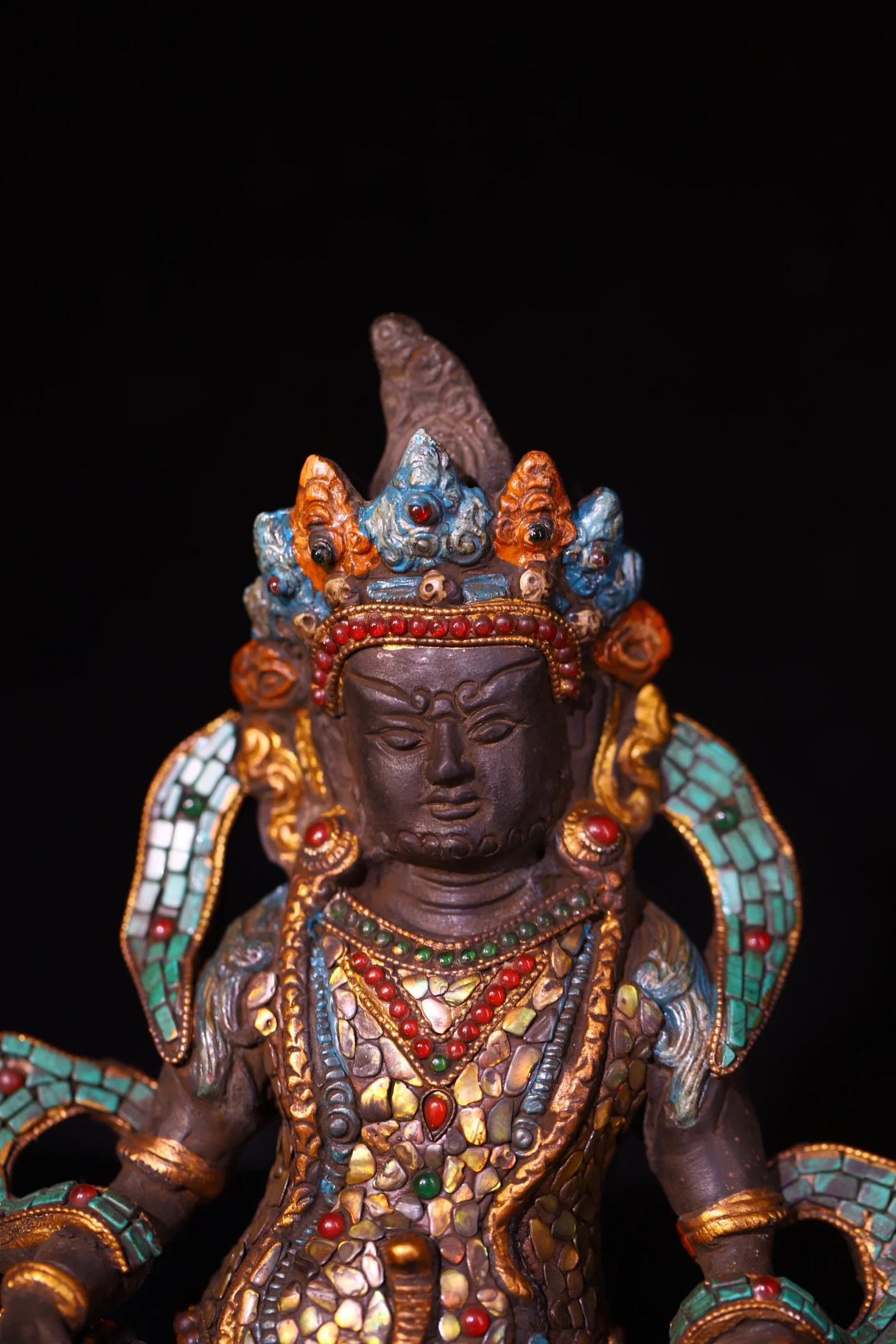 Old Purple Copper Mosaic Gem gZi Beads Turquoise Yellow Jambhala Yellow God of Wealth Sitting on Buddha Amitabha Worship Hall