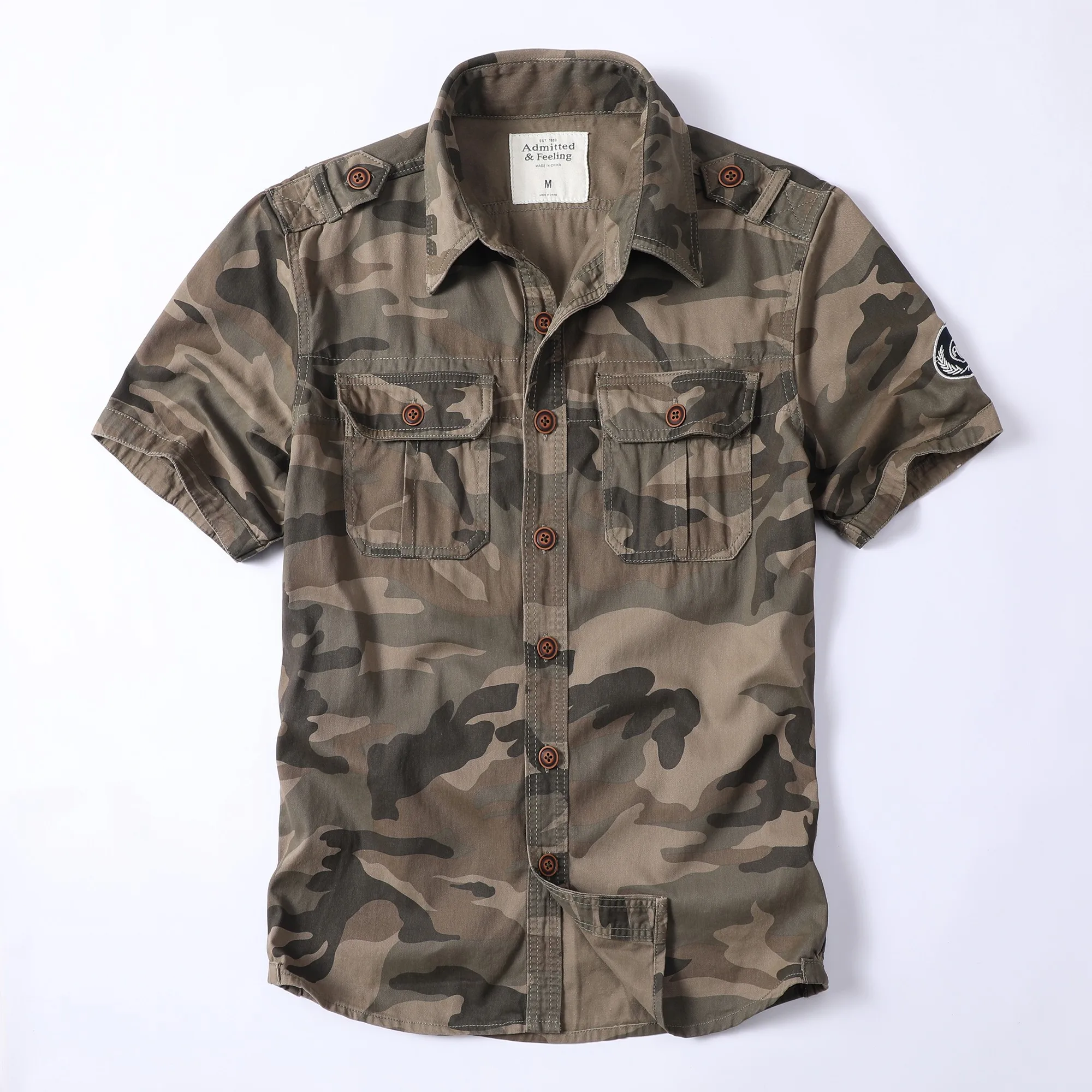 Men's Summer Casual Shirts Vintage Style Short Sleeve Washed Cotton Camouflage Shirts Multi Pockets Loose Outdoor Fashion Shirts