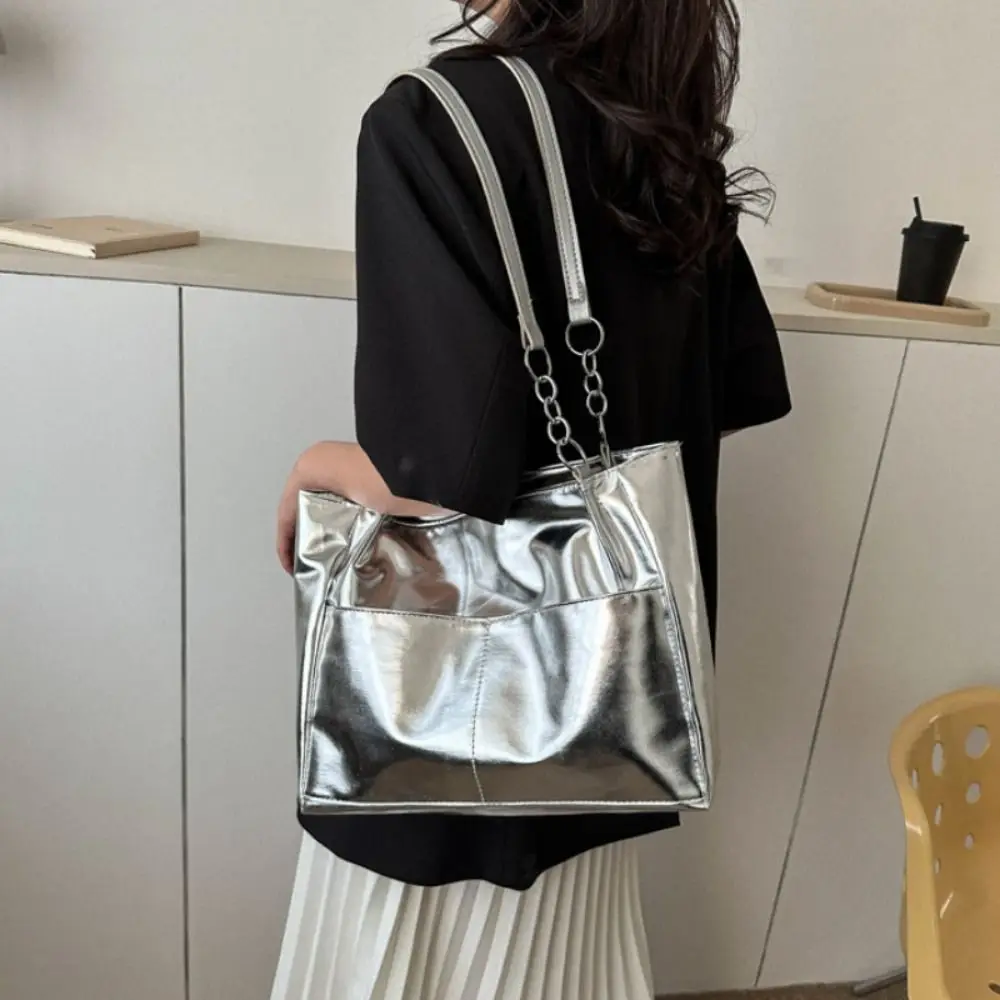 Casual Handbags For Women 2024 New Large-capacity Shoulder Bags Texture Bright Pu Leather Tote Bags Chain Elegant Bags