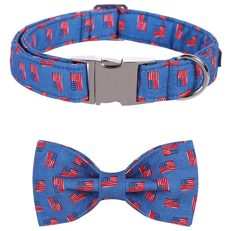 Personalized American Flag Dog Collar with Bowtie Patriotic Dog Collar Pet Dog Collar for Large Medium Small Dog