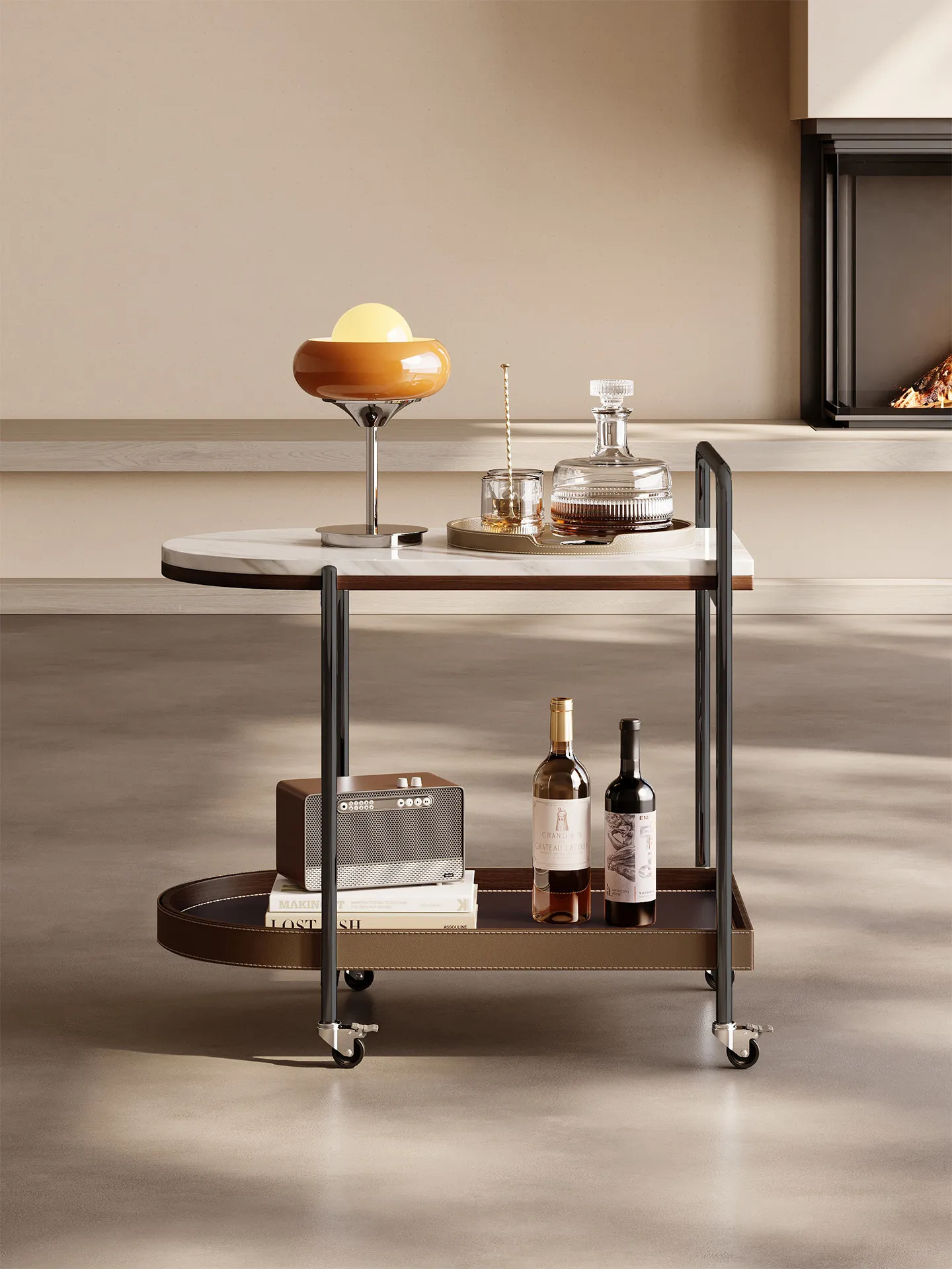 Yjq modern simple natural luxury stone marble coffee table movable side few trolley living room rack