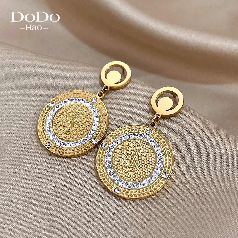 DODOHAO Vintage Chunky Inlaid Rhinestones Round Coin Stainless Steel Earrings for Women Gold Color Wrist Waterproof Jewelry Gift