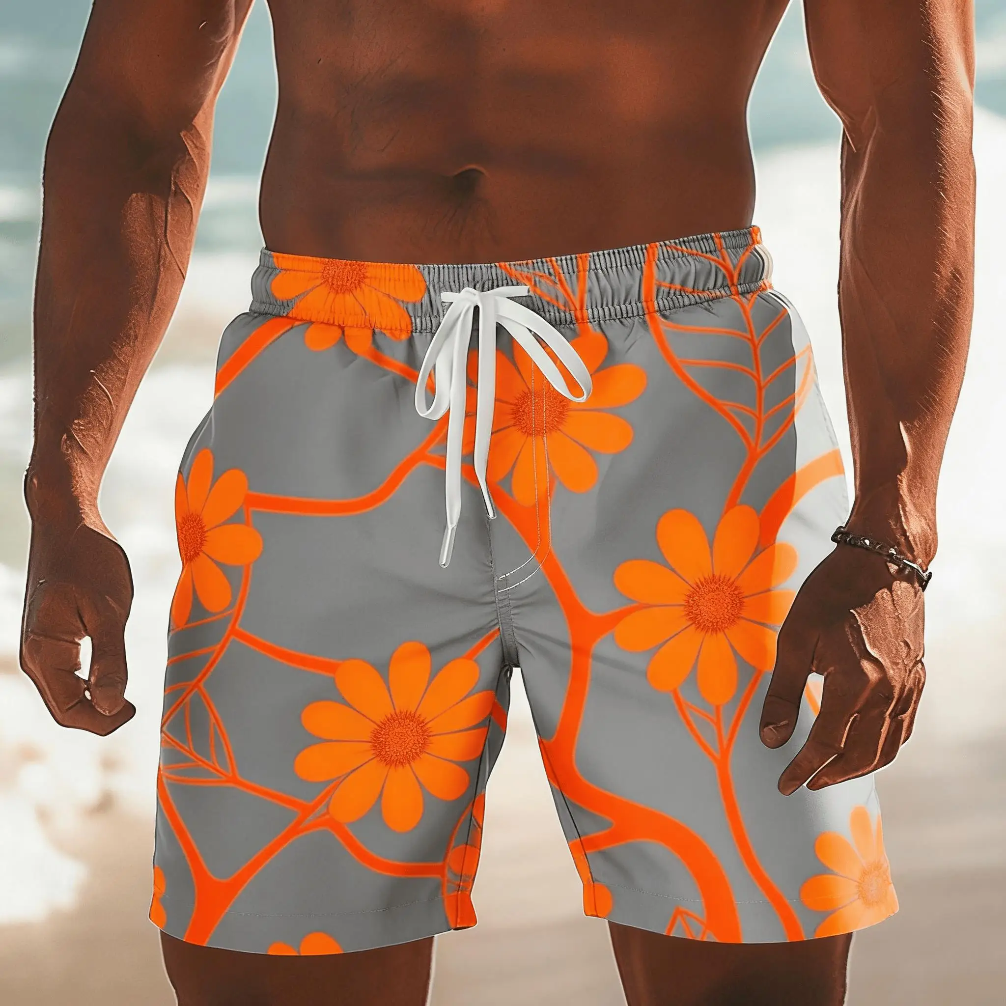 Men's Grey Print Drawstring Shorts, Spring Summer Fresh Vitality Casual Shorts, Pocket Beach Shorts