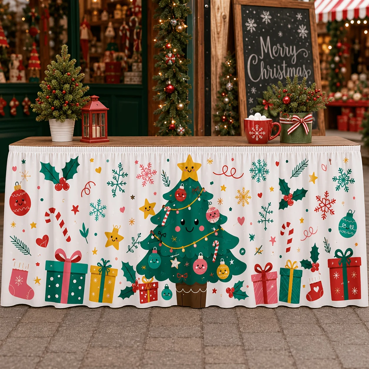 1 table skirt, cute cartoon Christmas table skirt, including happy Christmas tree, gift box, candy canes, decorative balls