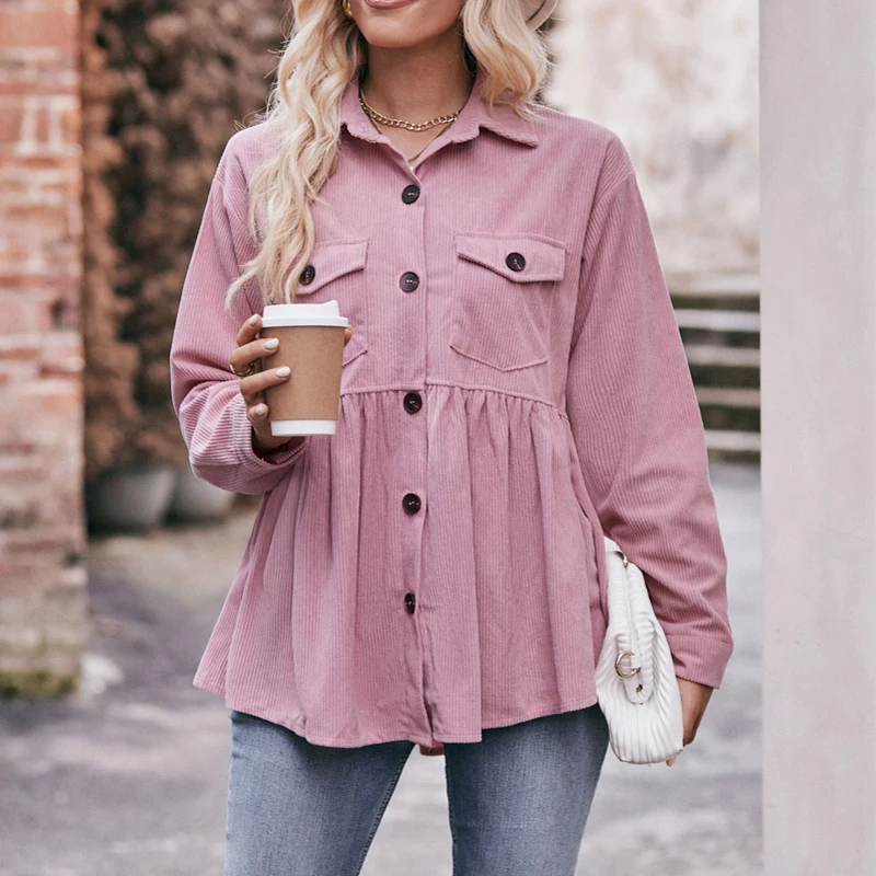 Women Vintage Corduroy Pockes Single Breasted Shirts Autumn Winter Trendy Solid Long Sleeve Loose Blouses Casual Streetwear Tops