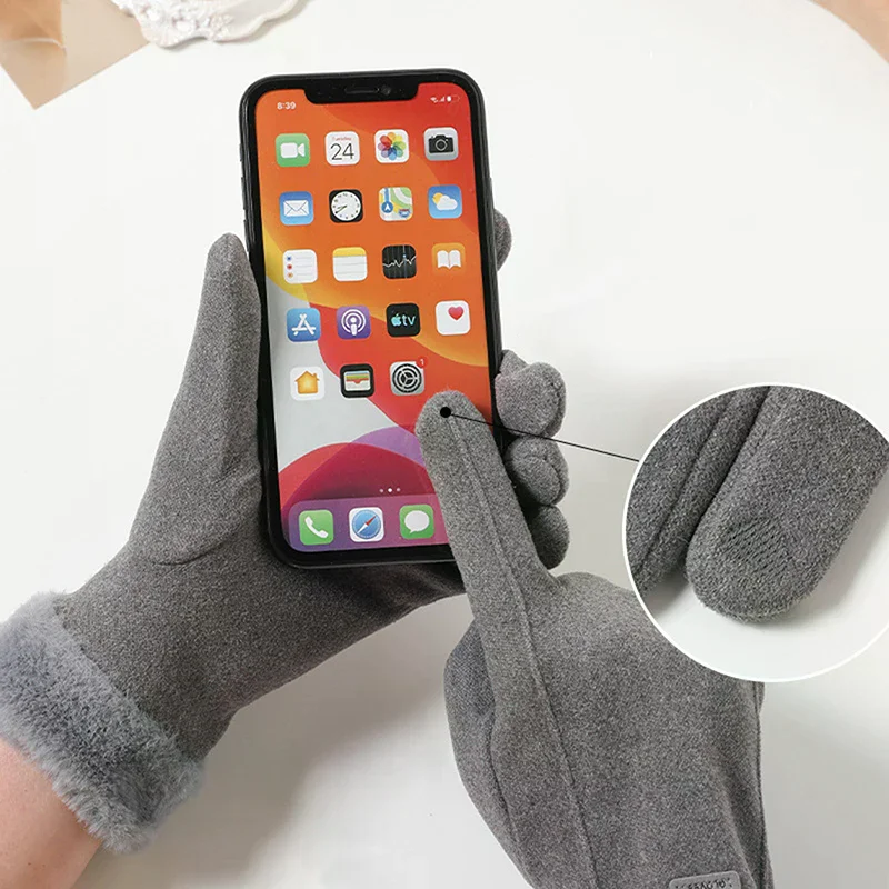 Женские зимние толстые плюшевые перчатки, модные теплые замшевые уличные перчатки, женские перчатки для вождения с сенсорным экраном, спортивные велосипедные варежки