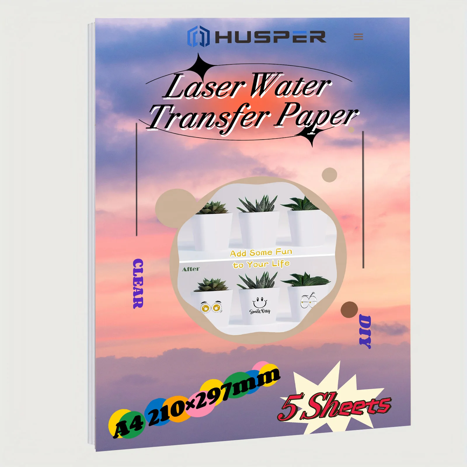 

HUSPER Waterslide Decal Paper for Laser Printer - Clear Transparent - 5 Sheets Water Slide Transfer Paper - 8.3x11.7 Inches