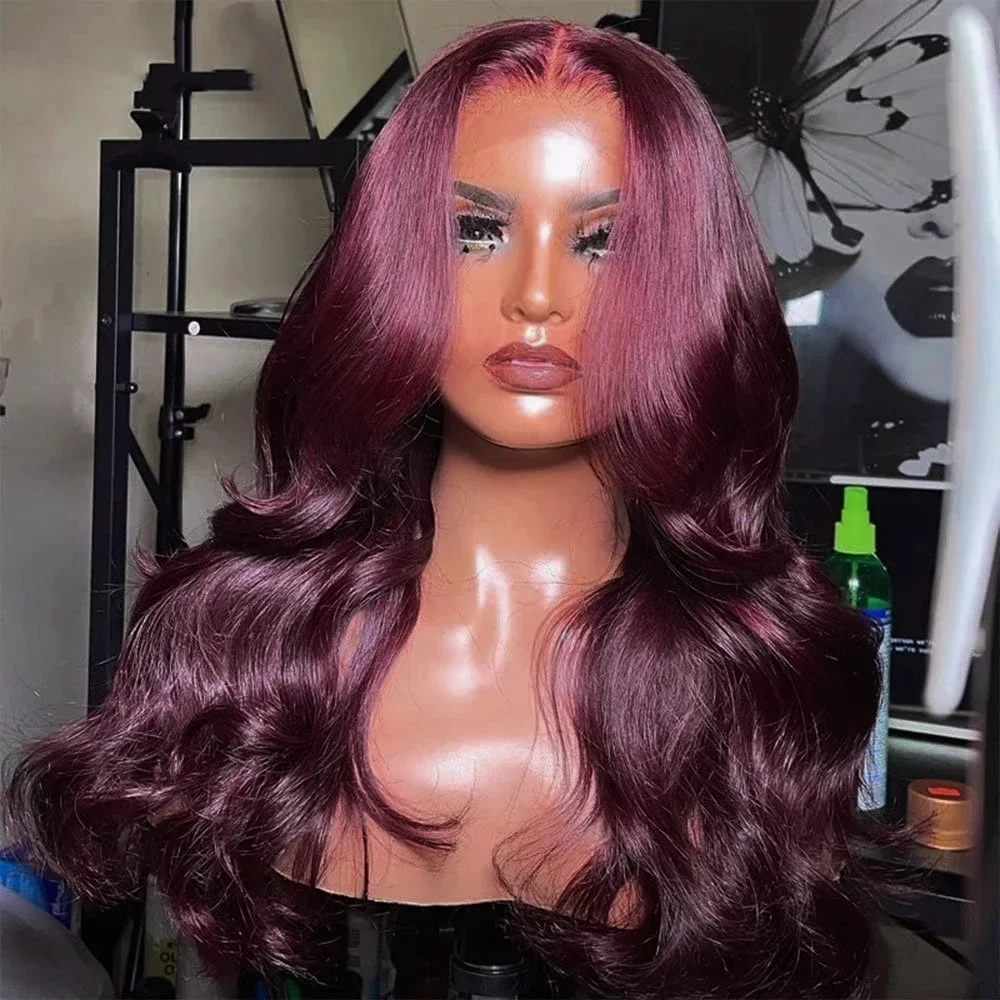 Deep Purple 99J Burgundy Red Wigs Synthetic Lace Front Wig 13X4 Long Body Wave Pre Plucked With Baby Hair 180% Density Fiber