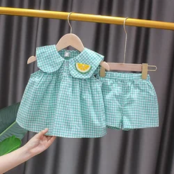 Conjuntos de ropa de verano para niñas, traje de 2 piezas de algodón a cuadros con frutas, ropa para bebés de 0 a 24 meses