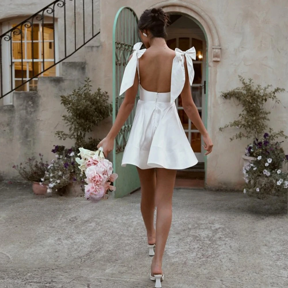 Customized Satin Square Neck Mini Wedding Dresses 2026 Minimalist Large Bow Thin Shoulder Strap Low Backless A-line Bridal Gown