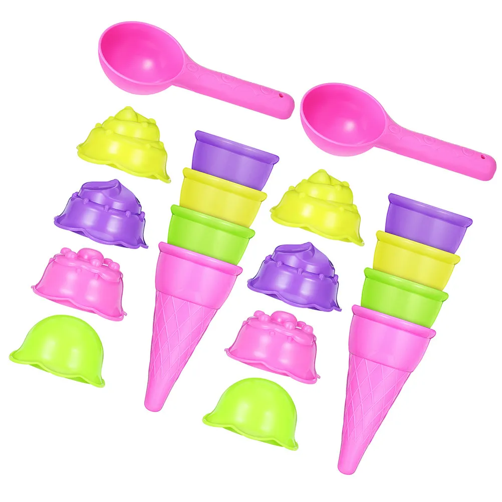2Sets Colorful Ice Cream Sand Molds Kids Pretend Play Set Stackable Realistic Scoop Tools Beach Backyard Poolside Portable