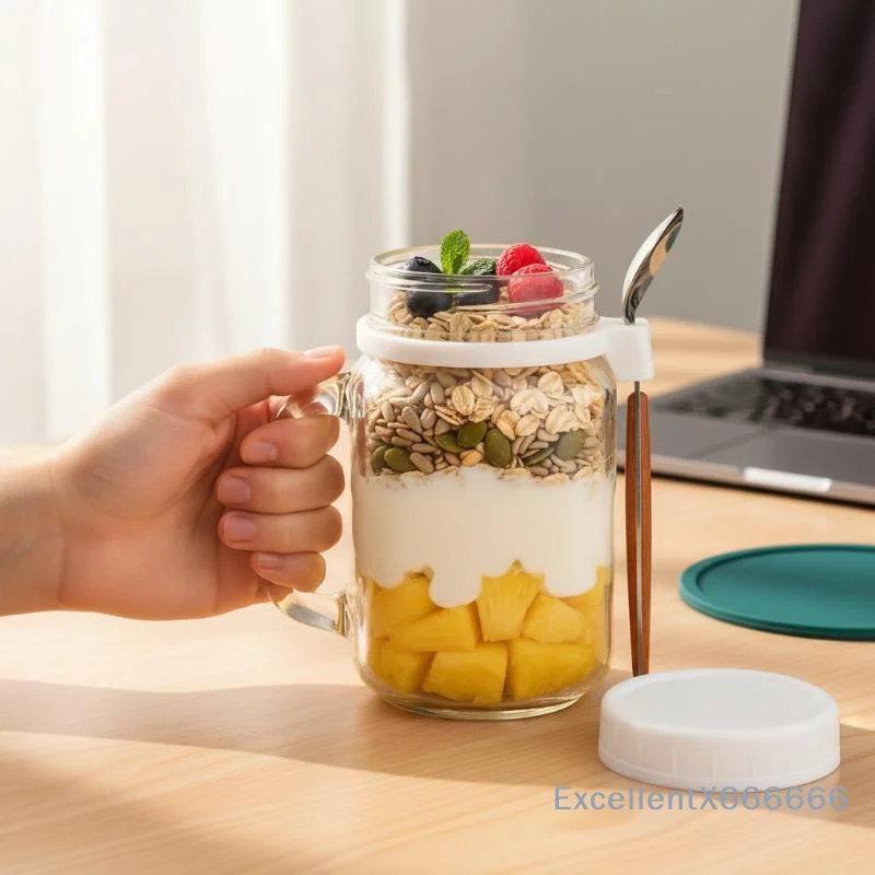 

500ml Glass Container for Overnight Oats with Handle Lid Spoon Ideal for Healthy Breakfast Meal Prep Storage Jar