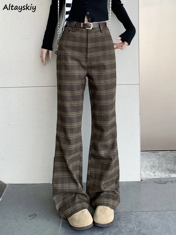 

Women Long Pants Autumn Plaid Coffee Classic Vintage Flare Gentle Basic Trousers High Waist All-match British Style Streetwear