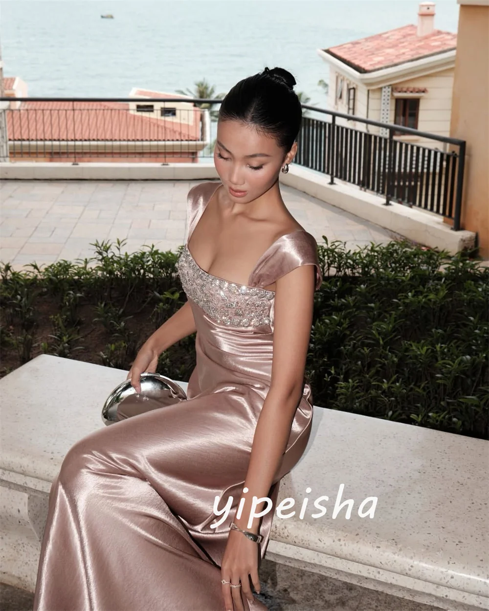 

Customized Pink Modest Fashion Beading Sequined A-line Off-the-shoulder Long Dresses Evening Dresses For Birthday Party