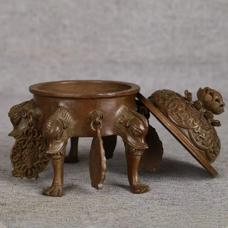 Antique copper five legged lotus incense burner home indoor tea ceremony Zen decoration ornament handicraft