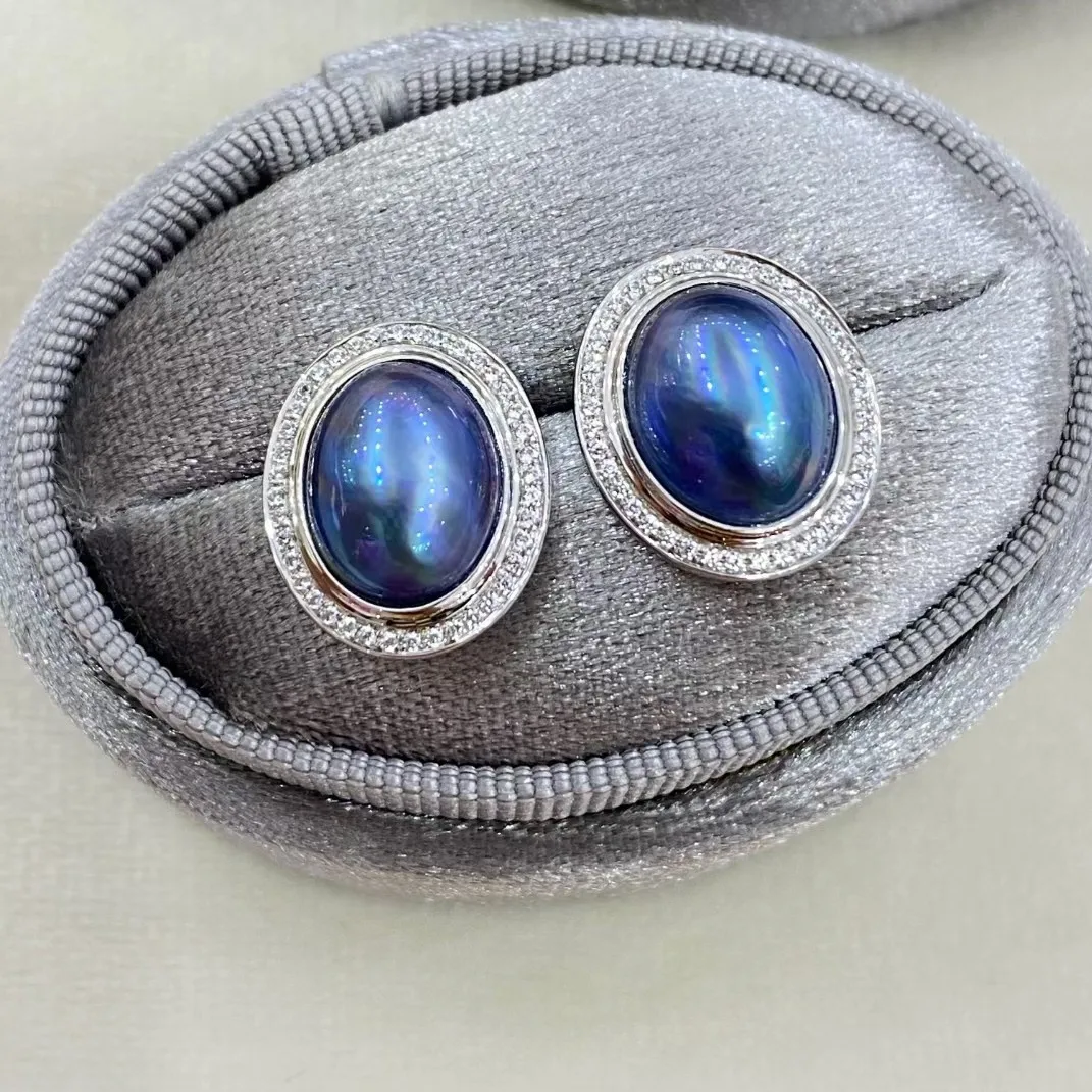 18K Gold Saltwater Midnight Blue Mabe Pearl Earrings, Oval Shape with High Value Zirconia Accents