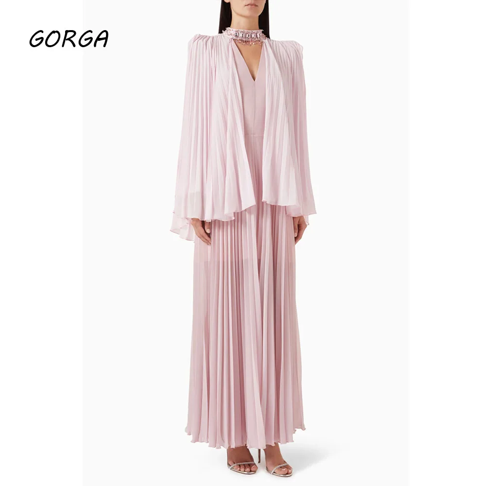 

GORGA индивидуальное розовое вечернее платье с v-образным вырезом и бисером, тонкое шифоновое платье трапециевидной формы с рюшами для выпускного вечера 2025, вечернее платье с длинными рукавами