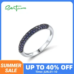 SANTUZZA Real 925 Sterling Silver Rings For Women Sparkling Created Blue Sapphire Simplicity Delicate Anniversary Fine Jewelry