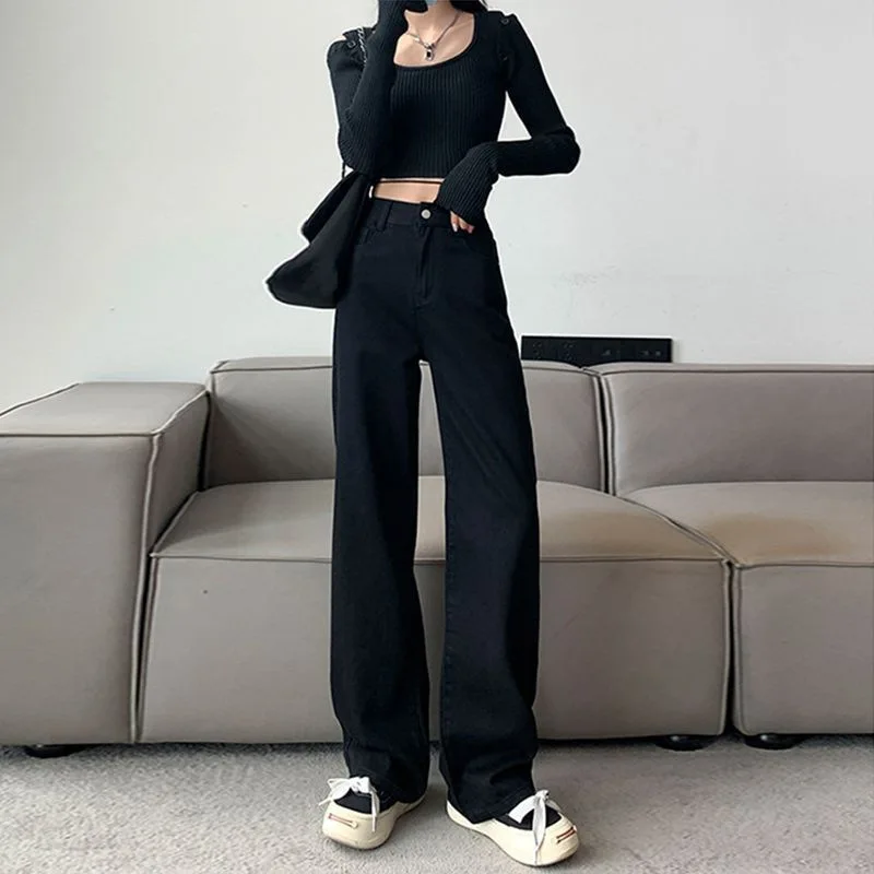 

High Waist Wide Leg Black Denim Jeans Women's Loose Drapey Floor-Length Straight Cut Trousers Spring Autumn New Arrival