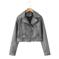 New Women's Washed Leather Worn Biker Casual Solid Color Jacket Leather Jacket Women,PU Leather Tops,Personality Cool Clothing