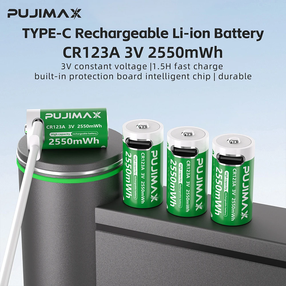 

Аккумуляторы PUJIMAX CR123A с кабелем для быстрой зарядки USB-C — литий-ионные полимерные элементы высокой емкости 2550 МВтч для фонариков, камер