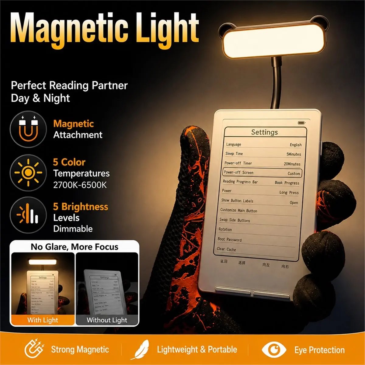 (A21Z] Magnetic Light for XTEINK X4 / X3 Reading Light Flexible for 5 Level Adjustable Light for Selfie Light A