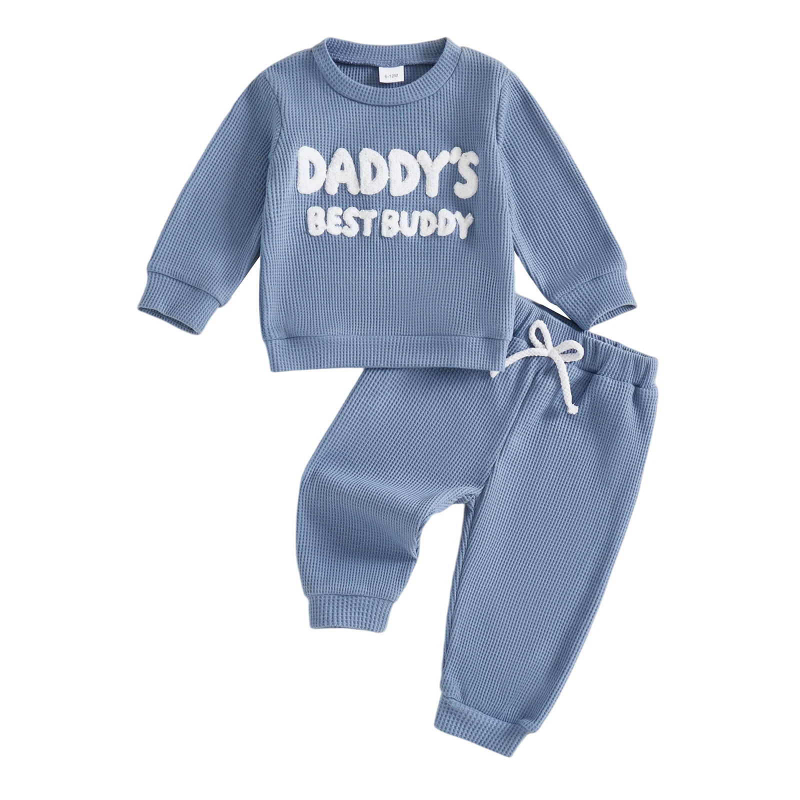 

Toddler Boy Fall Walffed Outfits Letter Embroidery Long Sleeve Round Neck Pullover Elastic Long Pants 2 Pcs Set