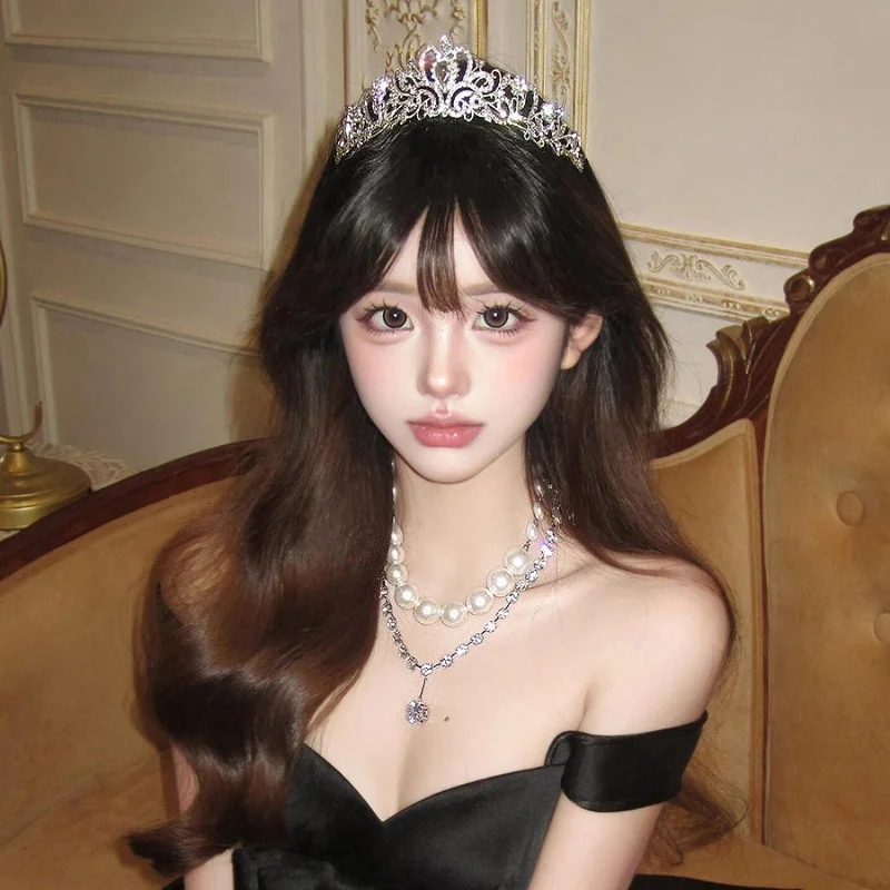 

Crystal Princess Crown Birthday Headpiece Pearl Necklace Set Female Black Bridal Crown Dress Headband Hair Accessories