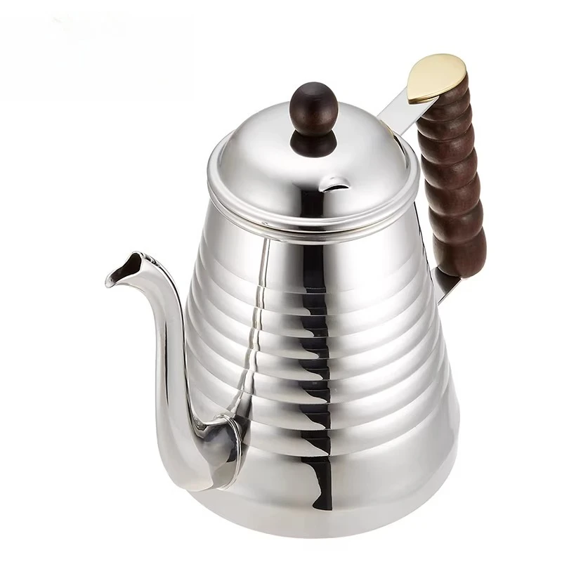 

Stainless Steel Hand Punch Coffee Pot Long Mouth Wooden Handle Corrugated Crane Beak Pot