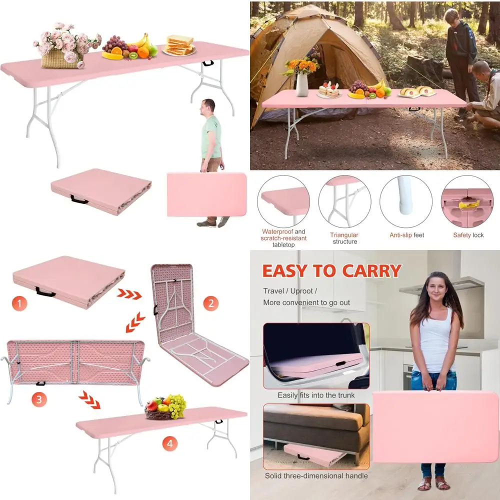 Heavy-Duty 8-Foot Foldable Plastic Utility Table for Multi-Purpose Use - Portable Folding Dining Table with Half Folding Design