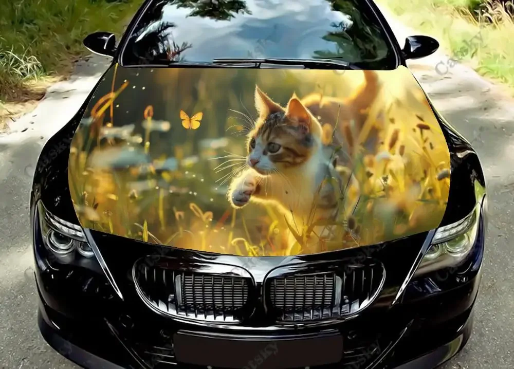 Kitten with Wildflowers Car Hood Vinyl Stickers Wrap Vinyl Film Engine Cover Decals Sticker Universal Car Hood Protective Film