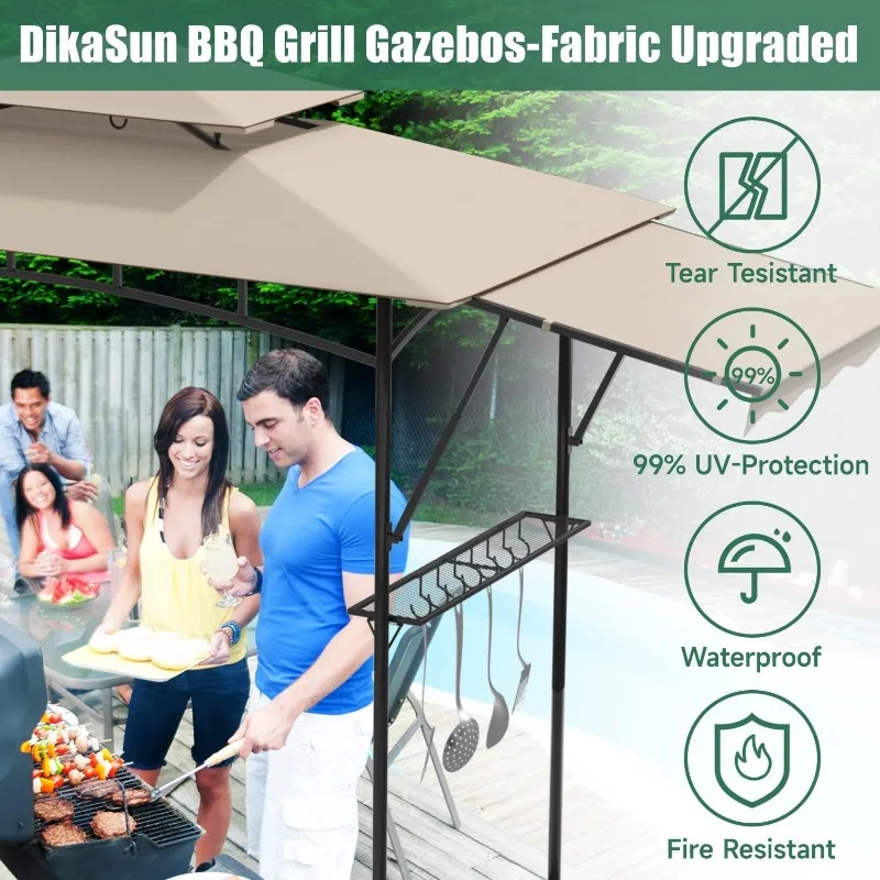 Grill Gazebo 11x5 Double Tiered with Extra Shadow BBQ Waterproof Canopy Outdoor Gazebos for Patio, Backyard(Sand)