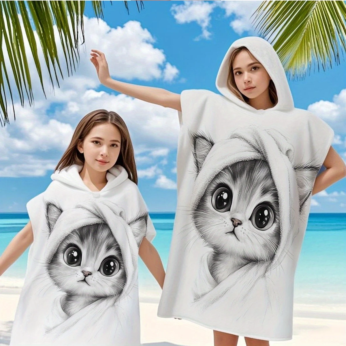 1pc Cat Print Quick Dry Microfiber Hooded Towel Poncho, Adul