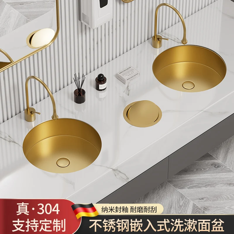

Золотая круглая раковина из нержавеющей стали, одинарная раковина, встроенная раковина для ванной комнаты под столешницей, бытовая раковина
