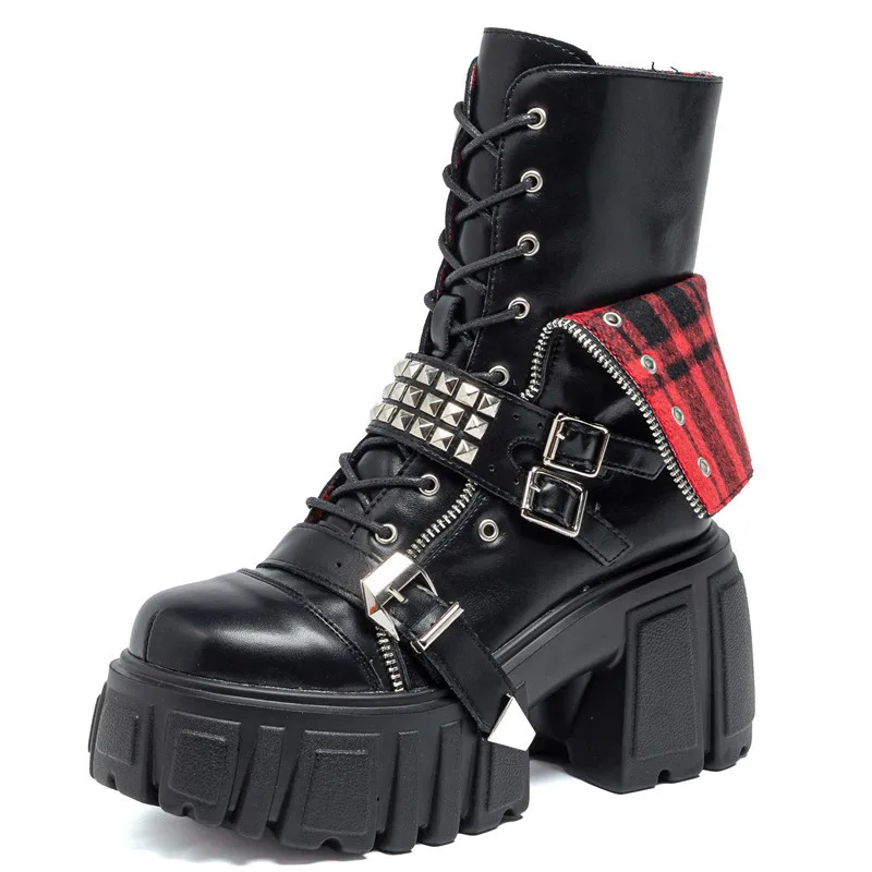 

2025 New Thick Heel Heightened Plaid Metal Rivet Women's Belt Buckle Short Boots