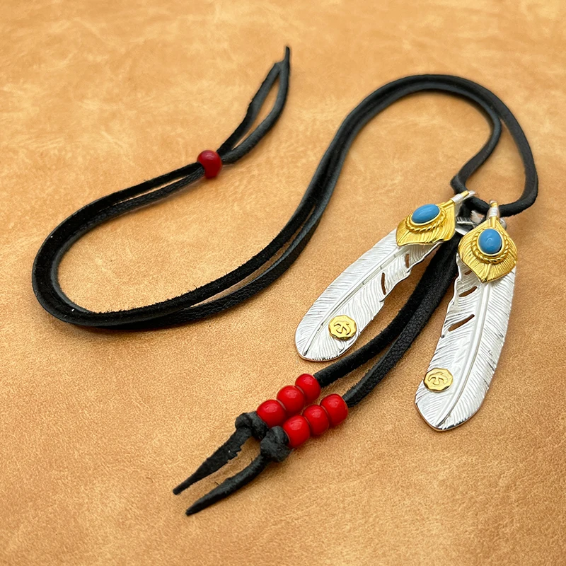 Double Turquoise Feather Deerskin Necklace Handmade Lampwork Beads Silver Plated Adjustable Goros Tribal Boho Vintage Biker Jewe