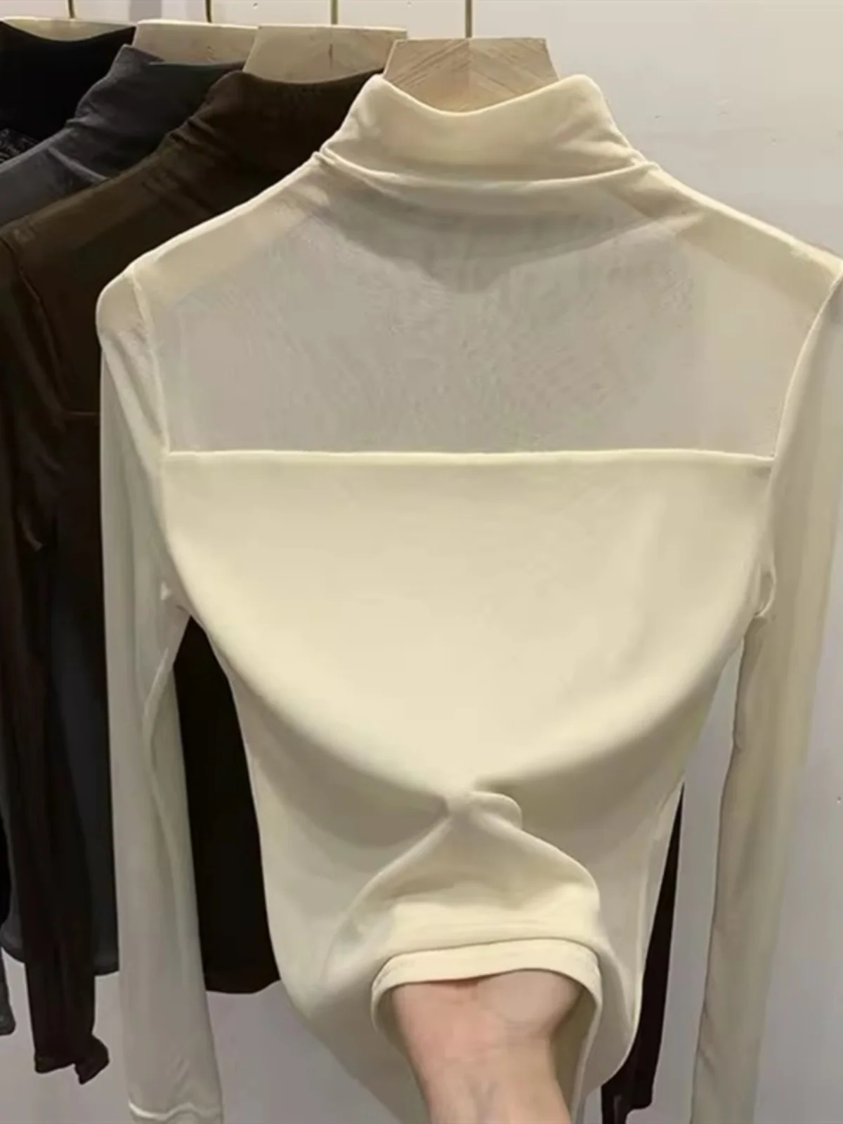 

Lace Base Shirt Women Long Sleeve Autumn Winter New Style Inner Wear Sweater mid Collar High End Mesh Top Half High Collar