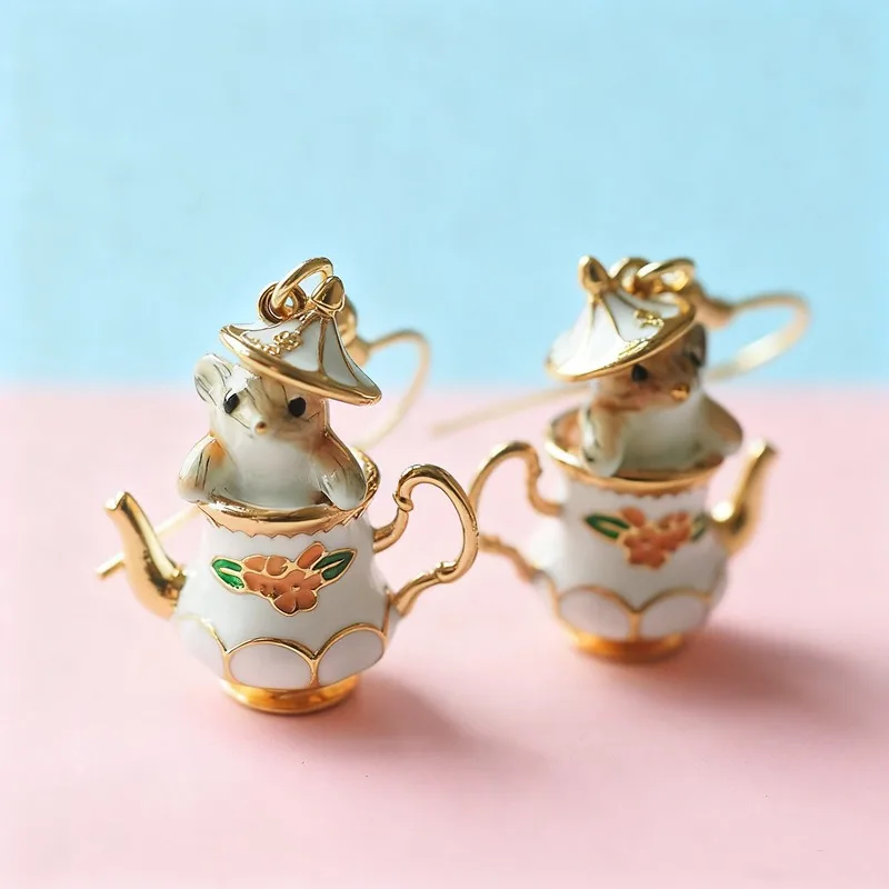 Süße Teekanne Maus Tropfen Ohrringe Emaille Tier Baumeln Ohrringe, Kawaii Vintage Blumen Schmuck für Frauen Party Geschenke