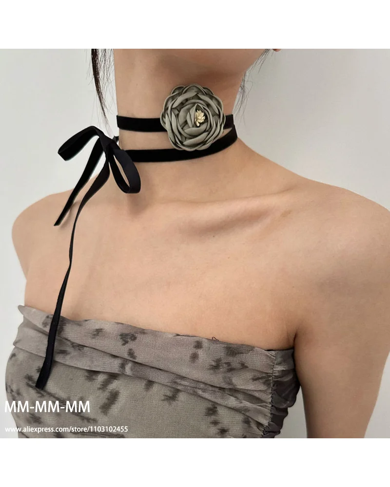 MM  Long Rope Fabric Flower Choker Necklace For Women Multipurpose Exaggerated Romantic Chains Necklaces Neck Accessories