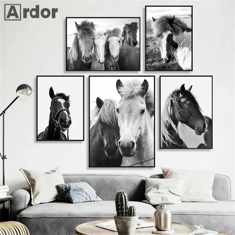 Black And White Horse Wall Art Canvas Painting Wild Animal Poster Modern Landscape Print Nordic Wall Pictures Living Room Decor