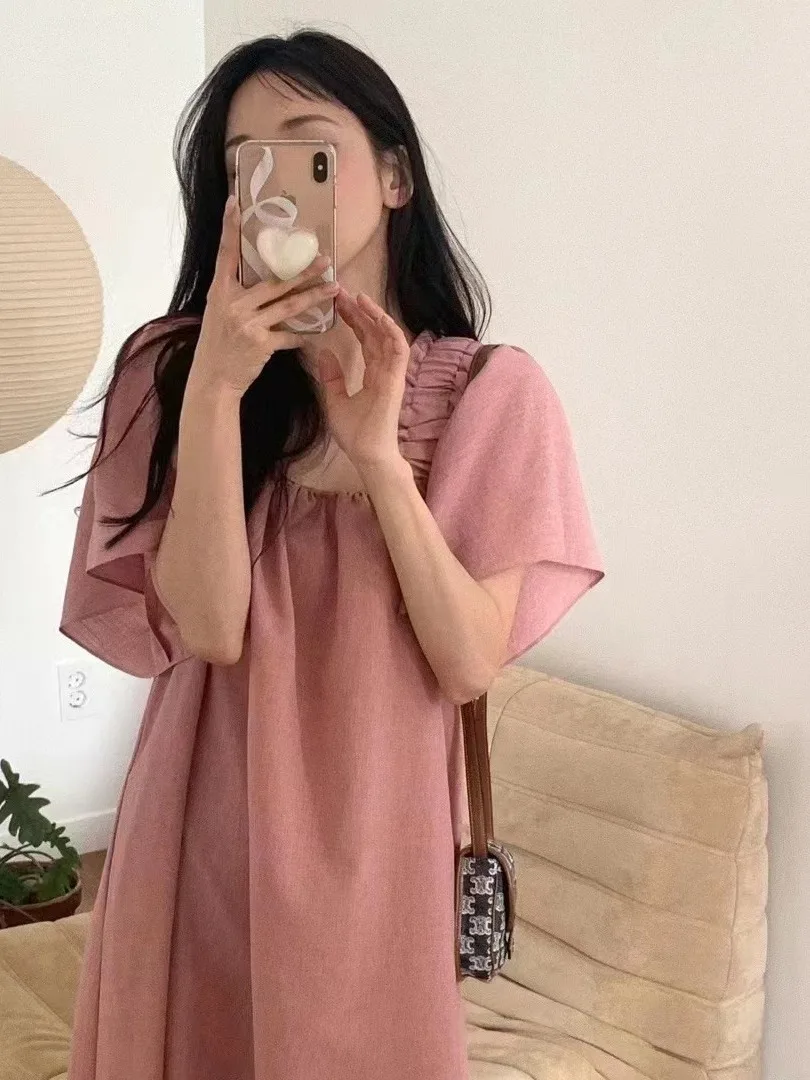 Summer Faion Loose Svel Women's Dr Lightweight Chiffon Square Collar Midi Skirt High Waist Color Maxi Dr
