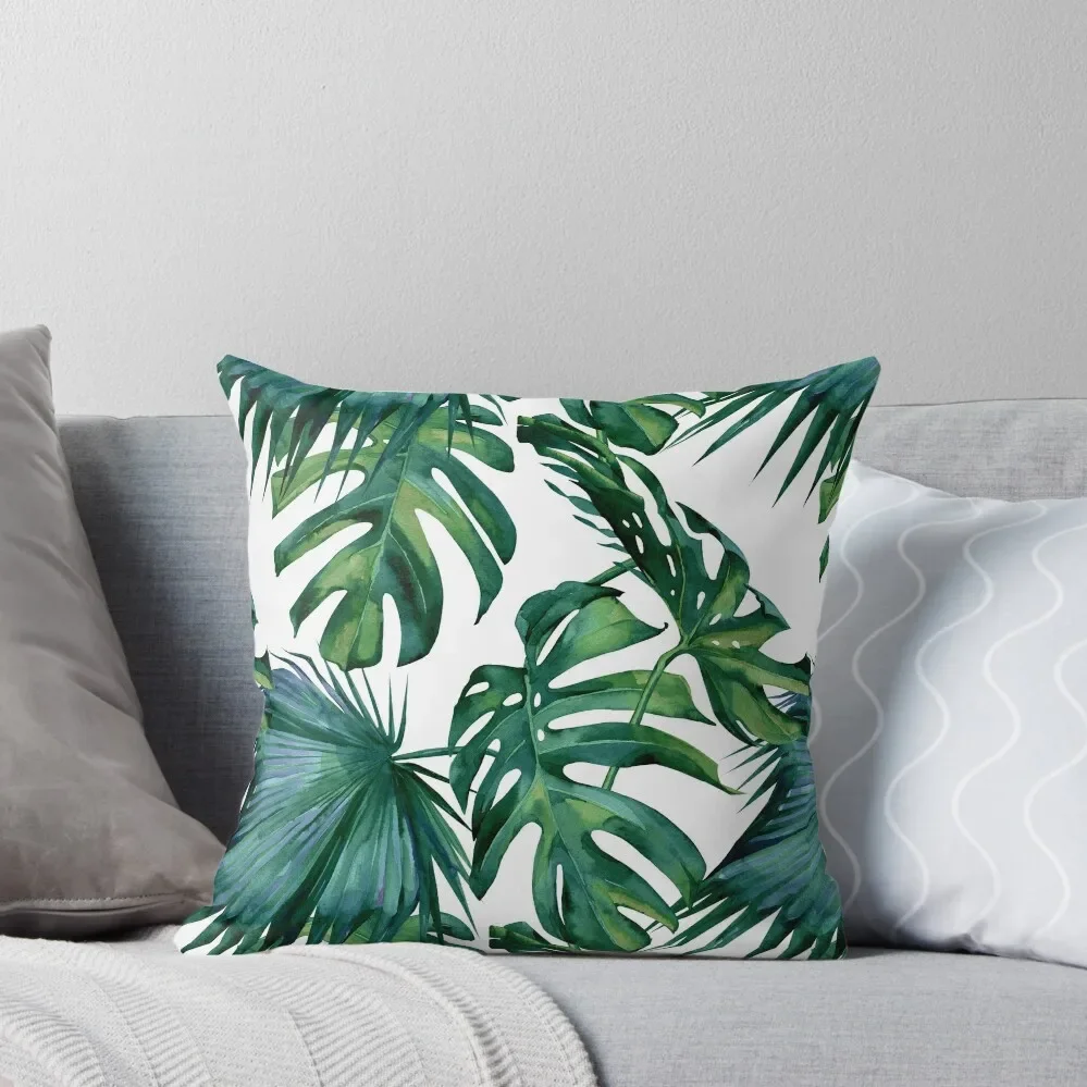 

Classic Green Tropical Monstera Leaf and Palm Leaves on White Throw Pillow Anime christmas cushions covers pillow