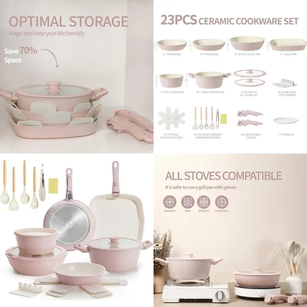 

Pink 23-Piece Nonstick Detachable Handle Cookware Set, Induction Compatible with Oven-Safe Frying Pans & Saucepans