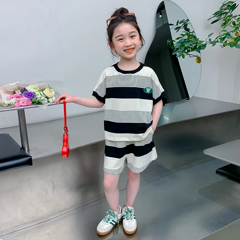 2026 Summer Girls Cotton Contrast Stripes Alphabe T-Shirt Tops+Shorts Pant School Kids Tracksuit Child 2PCS Outfit Workout Set