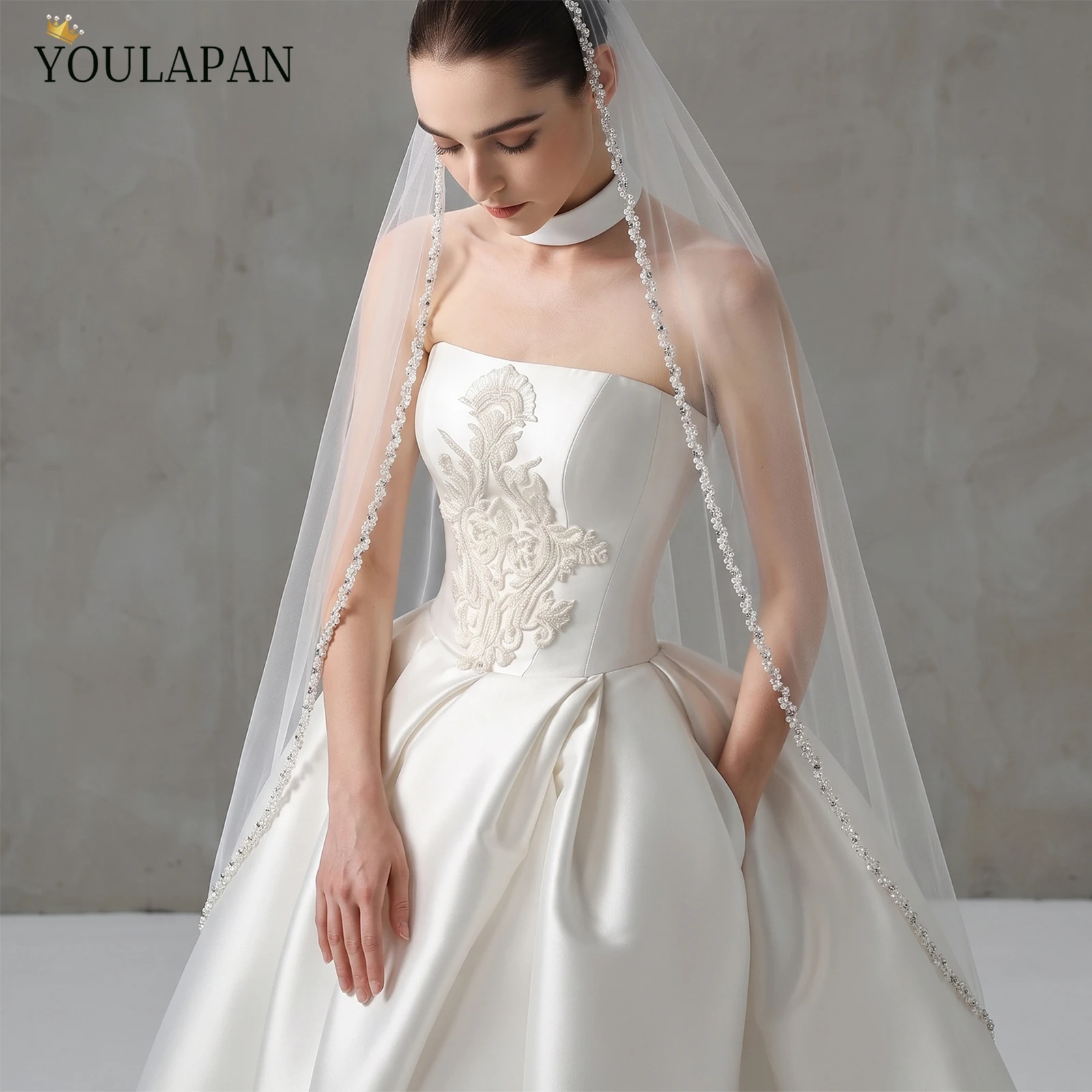 TOPQUEEN Velo De Novias Catedral Crystal Beaded Edge Bridal Veil With Rhinestones Wedding Veil Accessoires Mariage Luxe V196