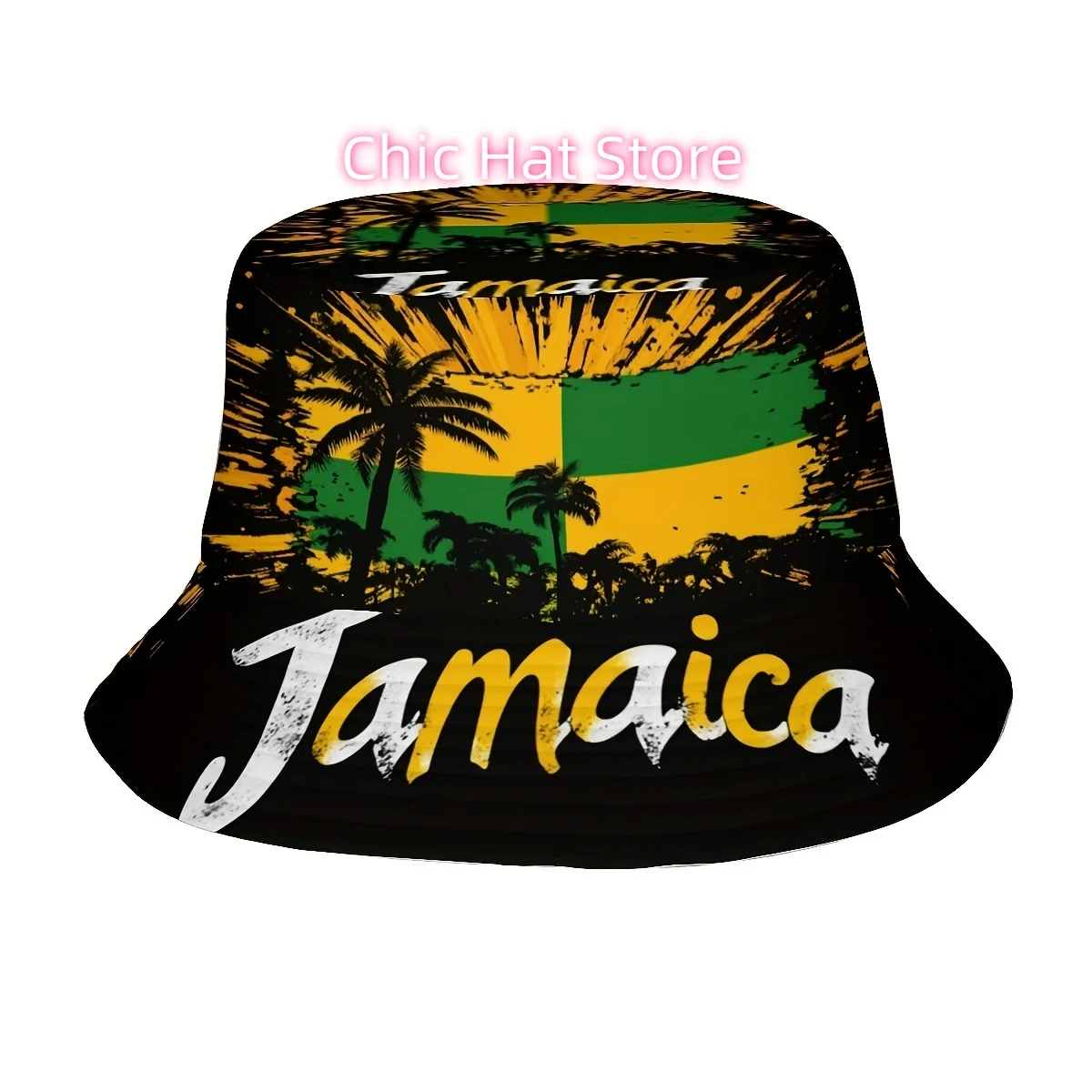 1pc Jamaica Independence Day Bucket Hat - Funky Unisex Sun Hat with Yellow-Green Coconut Tree & Bold JAMAICA Print, Wide Brim fo